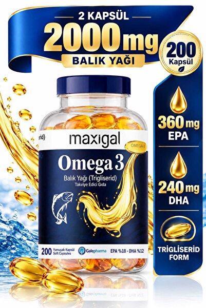 Maxigal Omega 3 Balık Yağı 2000mg Takviye Edici Gıda 200 Kapsül