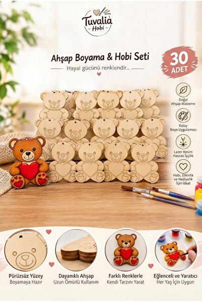 Tuvalia Sevimli Kalpli Ayıcık Ahşap Boyama Okul dİV Etkinlik Aktivite li 10*7...
