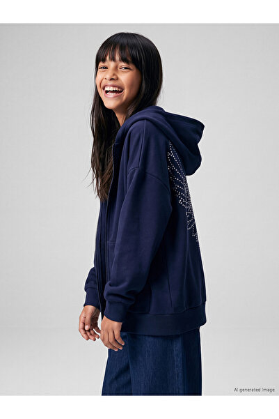 LC Waikiki Lacivert Taşlı Kapüşonlu Fermuarlı Kız Sweatshirt