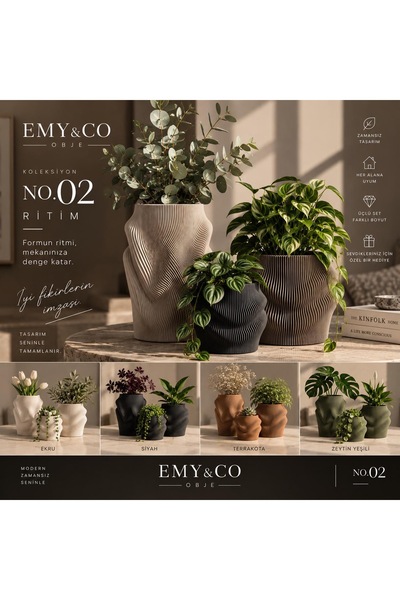 EMYCO. EMY&CO 3’lü Modern Dekoratif Saksı Seti – Küçük Orta Büyük Dalgalı Tas...