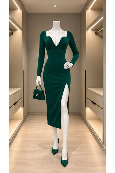 Modafeminen Rochie cu mânecă lungă din țesătură crep importată cu detaliu de ...