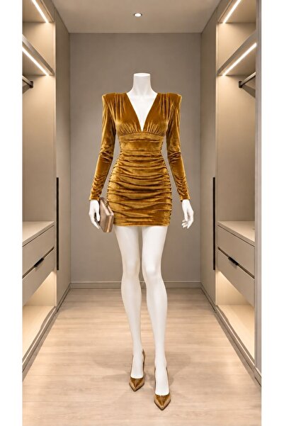 Modafeminen Rochie din catifea cu maneca lunga 581990 GALBEN