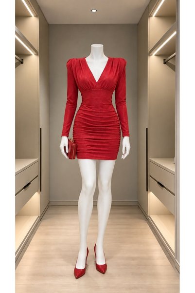 Modafeminen Rochie din crep cu mâneci lungi 581990 ROȘU
