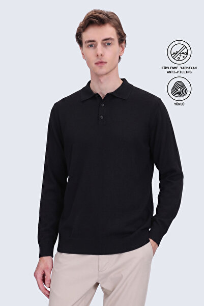 Hatemoğlu Tüylenme Yapmayan Yünlü Regular Fit Polo Yaka Siyah Kazak