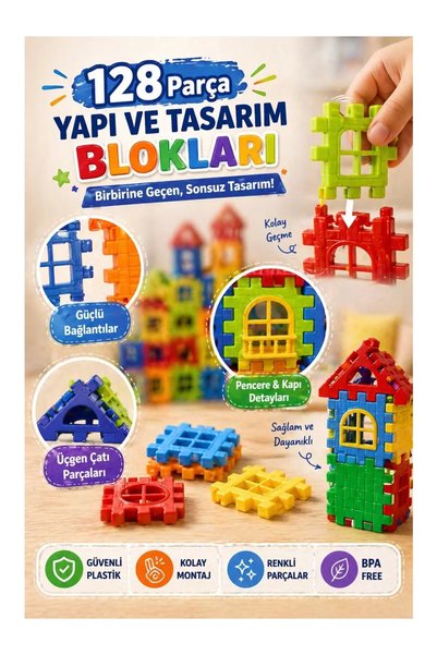 OYUNCAKSAHİLİ 128 Piece Building Toy Puzzle Large Size Unbreakable Infinite Design Building Blocks Interlocking Colorful Toy Set Free of Shipping