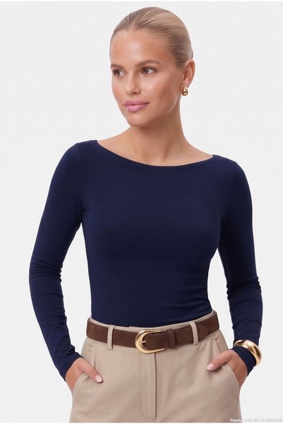 Ritnice Kayık Yaka Need Uzun Kollu Lacivert Soft Top / Bluz