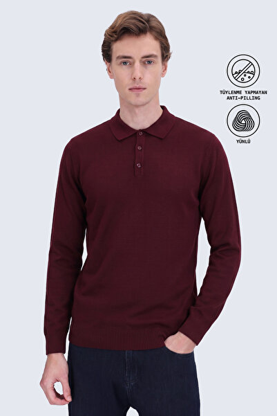 Hatemoğlu Tüylenme Yapmayan Yünlü Regular Fit Polo Yaka Bordo Kazak
