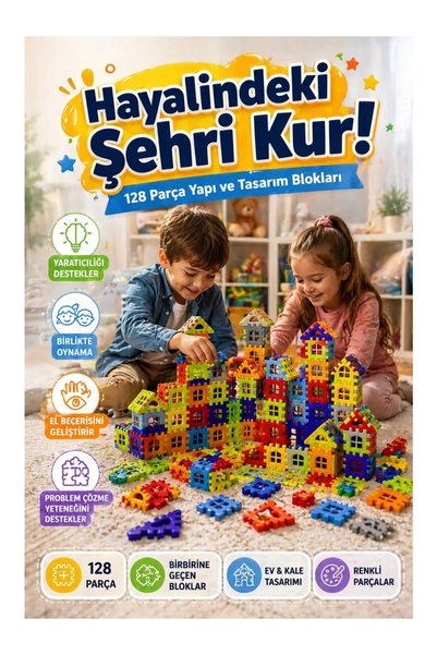 OYUNCAKSAHİLİ 128 Piece Building Toy Puzzle Large Size Unbreakable Infinite Design Building Blocks Interlocking Colorful Toy Set Free of Shipping
