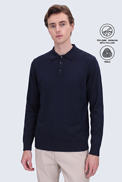 Hatemoğlu Lacivert Regular Fit Düz Polo Yaka Triko Kazak