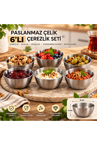 tasdemir 6’lı Paslanmaz Çelik Kase Seti Çerezlik Sosluk Reçellik Zeytinlik Me...