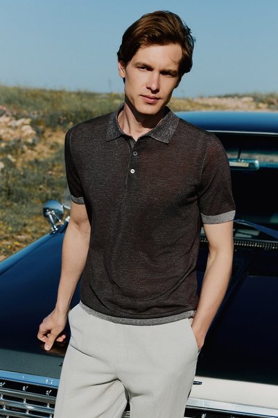 Morven Men's Brown Trend Polo Collar Tencel Knitwear T-Shirt