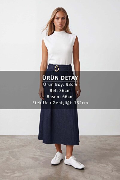 Trend Alaçatı Stili Women's Navy Blue Belt Detailed Double Pocket Denim Skirt...