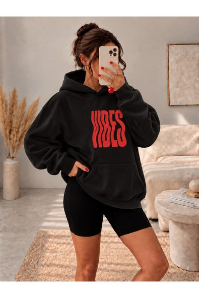 BW Bravely Wear سويت شيرت نسائي بطبعة VIBES مكون من 3 خيوط مع قلنسوة داخلية