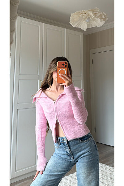 Bisou Pembe Fermuarlı Hırka