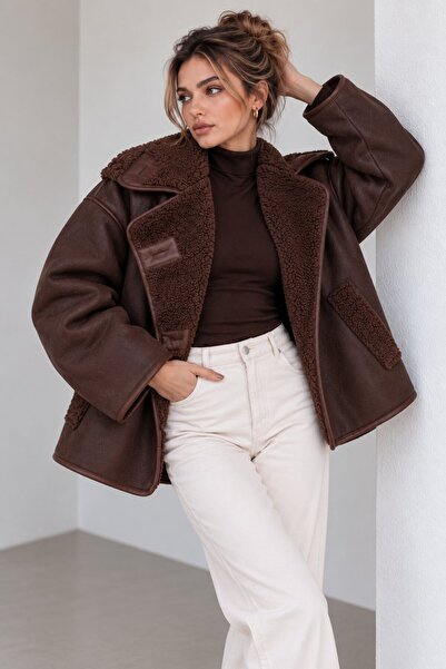 Lima Kahve Kadın Oversize Peluş Detaylı Süet Mont Kürk Yakalı Kışlık Ceket