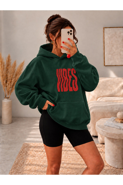 BW Bravely Wear Vibes Printed Women's 3-Thread Ribbed Hooded Sweatshirt Hoodie
