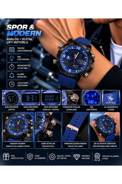 G Sport POLO Erkek Analog Dijital Silikon Kordon Alarm Kronemetreli Led ışıkl...