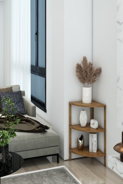 Fida Pera Atlantik Çam 3 Katlı Ahşap Üçgen Sehpa, Çiçeklik ve Saksı Standı