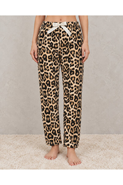embody Pantaloni bufanti de damă Cocolino cu imprimeu leopard și fundă, pantaloni confortabili pentru casă.