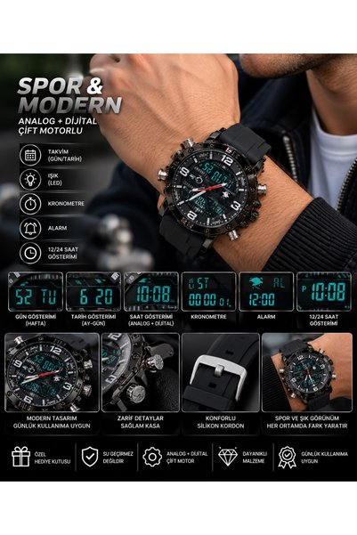 G Sport POLO Erkek Analog Dijital Silikon Kordon Alarm Kronemetreli Led ışıkl...