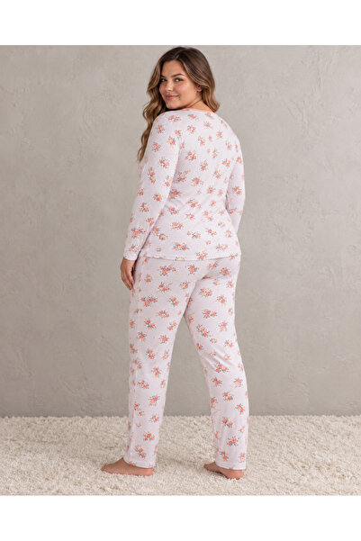 embody Pijamale de bumbac pentru femei, mărimi mari, cu imprimeu floral, bluză cu mânecă lungă și pantaloni lungi