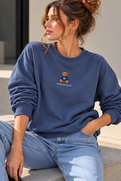 bb butik basic Γυναικείο φούτερ με κέντημα αρκουδάκι, βασικό με 2 κλωστές