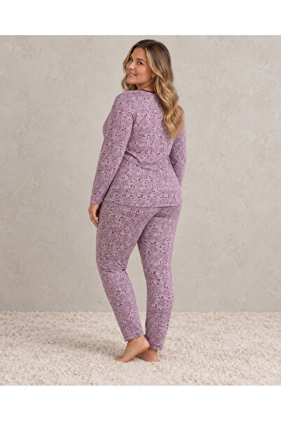 embody Pijama de bumbac pentru femei, mărime mare, bluză cu mânecă lungă și pantaloni lungi, model floral mov.