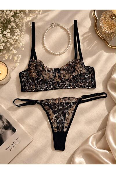 L&S LOVESECRET Leopar Desenli Balenli Tül Sütyen/Tanga Takım