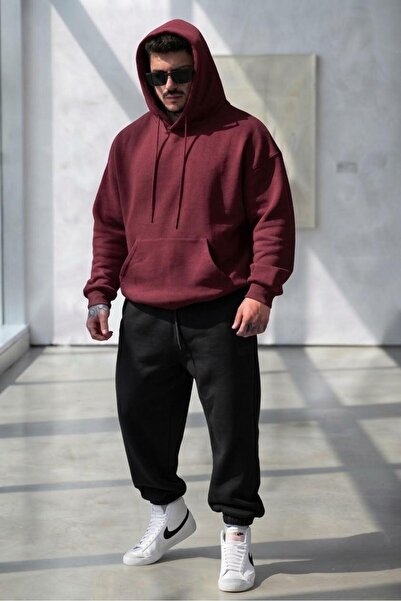 NO 601 Men's Burgundy Hooded Black Tracksuit Bottom Set