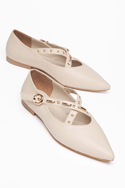 Dilimler Ayakkabı Large Size Women's Ballerina Flats in Beige with Double Str...