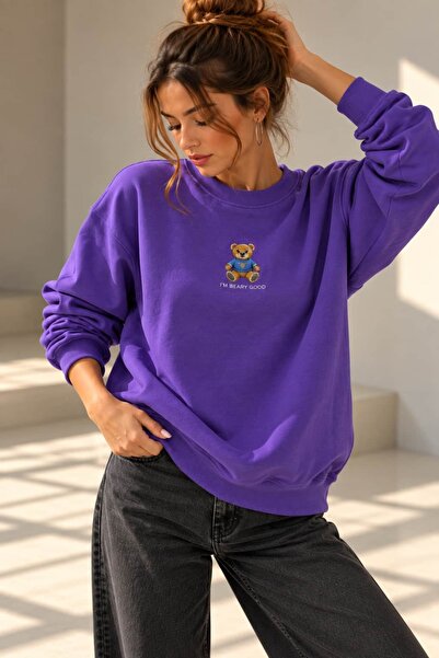 bb butik basic Γυναικείο φούτερ με κέντημα αρκουδάκι, βασικό με 2 κλωστές