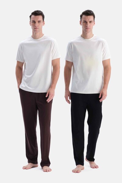 Dagi Brown-Black Double Straight-Leg Cotton Trousers