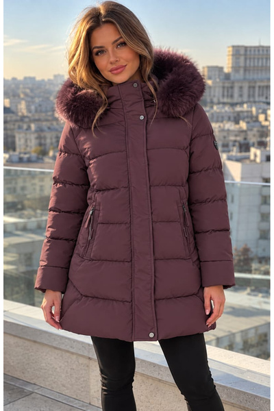 embody Jachetă lungă, groasă, de damă, bordeaux, cu glugă și bordură de blană...