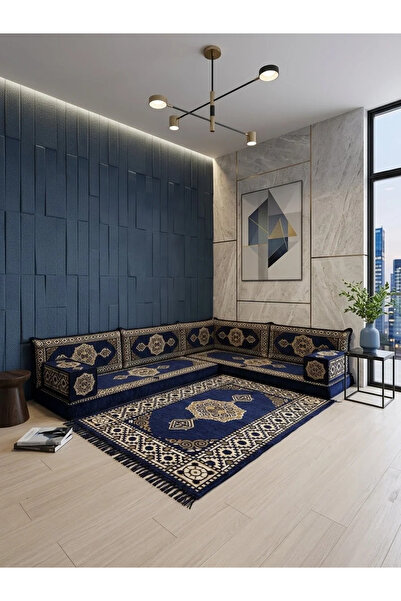 BAKIRÖZÜ HOME Güneş Modeli Lacivert Otantik Şark Köşesi Takımı – L SET - Gele...