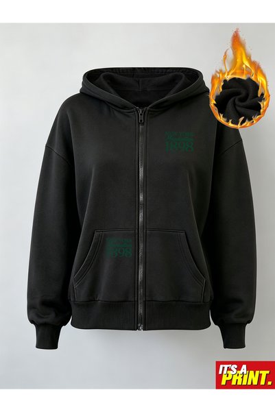 MITHRAS OUTDOORS Unisex Black Manhattan 1898 Printed Zippered Sweatshirt Prin...