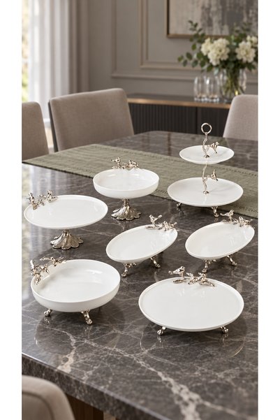 MAY HOME 7 Parça Porselen Tabak Kase Sunum Seti & 2 Katlı Ayaklı Servislik Takım