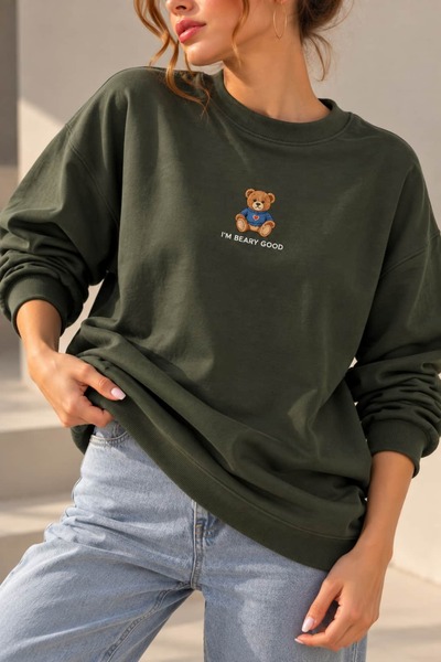 bb butik basic Γυναικείο φούτερ με κέντημα αρκουδάκι, βασικό με 2 κλωστές