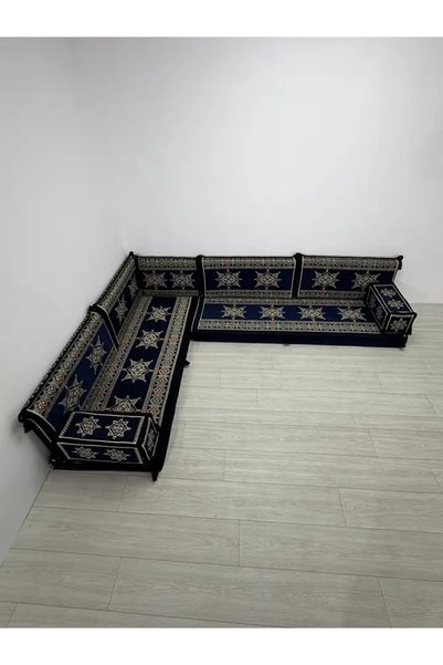 Yıldız Modeli Lacivert Otantik Şark Köşesi Takımı – L SET - Geleneksel Yer Minderi Seti (10 Cm Minder Kalınlığı) 9 Parça