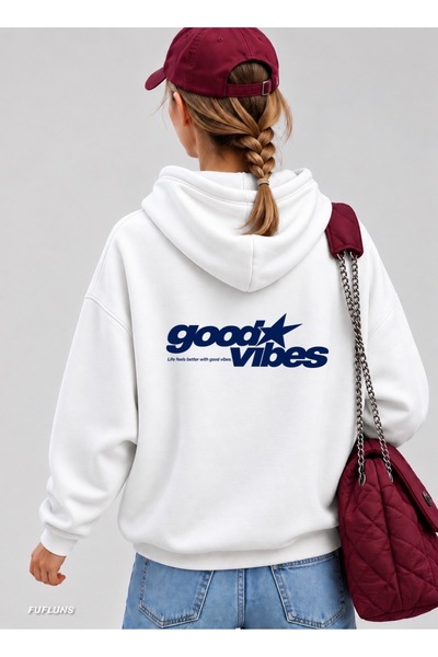 FUFLUNS Good Vibes Star Back Printed Oversized Women's Hooded Sweatshirt