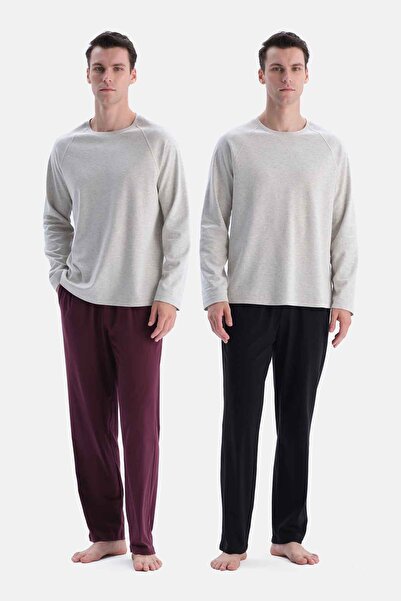 Dagi Burgundy-Black Double Straight-Leg Cotton Trousers