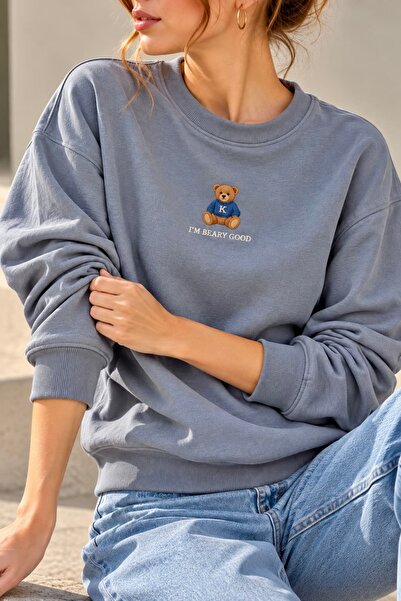 bb butik basic Women's Teddy Bear Embroidered Basic 2 Thread Sweatshirt