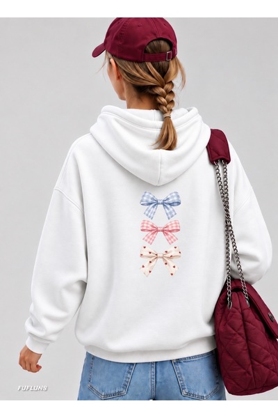 FUFLUNS Plaid Ribbon Back Printed Oversized Women's Hooded Sweatshirt