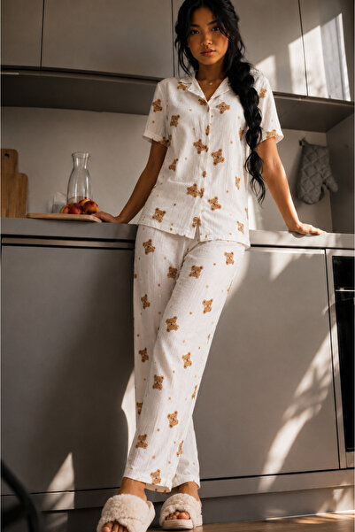 WomanAndKids Night Off-White Women's Elegant Collar Textured Spacious Pajama Set