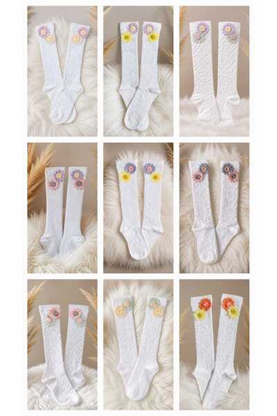 Double Flower Heart Knee Socks – Çift Çiçek Detaylı Kalp Dokulu Kız Çocuk Diz Altı Çorap
