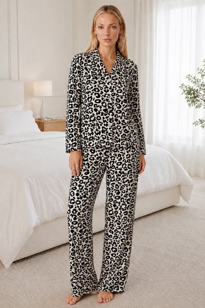 MODAGO Kadın Desenli Relaxed Leopar Pijama Takımı 4665