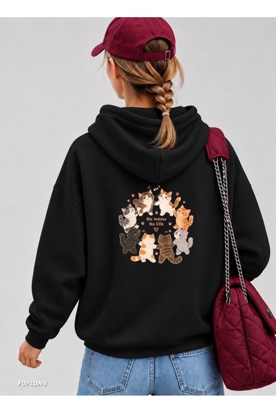 FUFLUNS No Meow No Life Back Printed Oversized Women's Hooded Sweatshirt