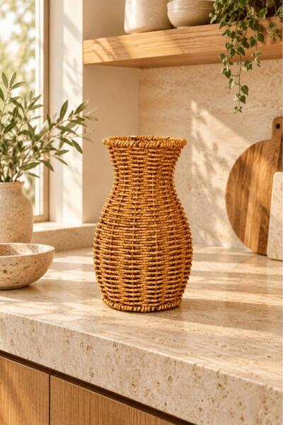 Atbyhome Doğal Hasır Rattan Çiçek Vazosu 26 cm - Masa Üstü Dekoratif El Örgüs...