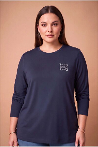 RMG Stone Logo Modal Large Size Knitted Sweatshirt Navy Blue