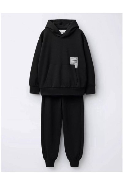 kr kids Boy's Black Hooded 2-Piece Tracksuit Set with Kangaroo Pocket