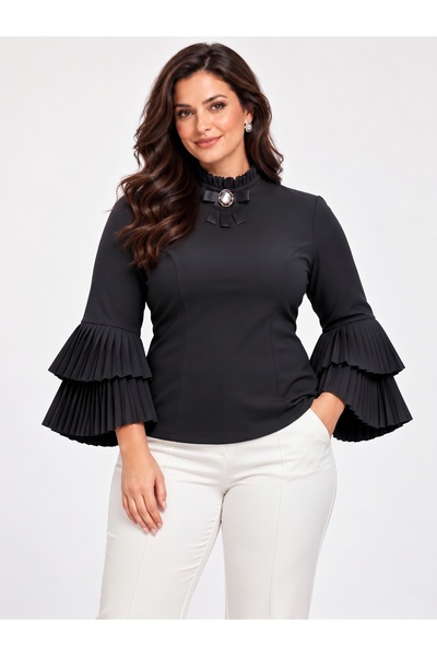 ROCMAY Ag Country Royal Brooch Detailed Pleated Flywheel Sleeve Plus Size Blouse